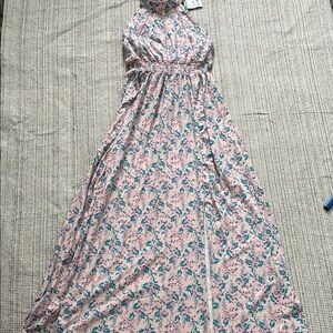 Poof New York Women’s Floral Halter Maxi Dress with Slits SZ Small